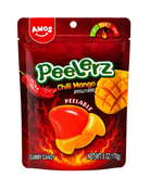 A 6 oz stand-up pouch of Amos Peelerz Chili Mango gummy candy, featuring a fiery red and orange design with illustrations of a chili pepper, mango, and a peeled red and yellow gummy.
