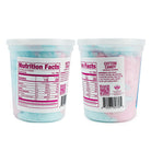 Two back views of a pink and blue cotton candy container showing nutrition facts, ingredients, and barcode labels.