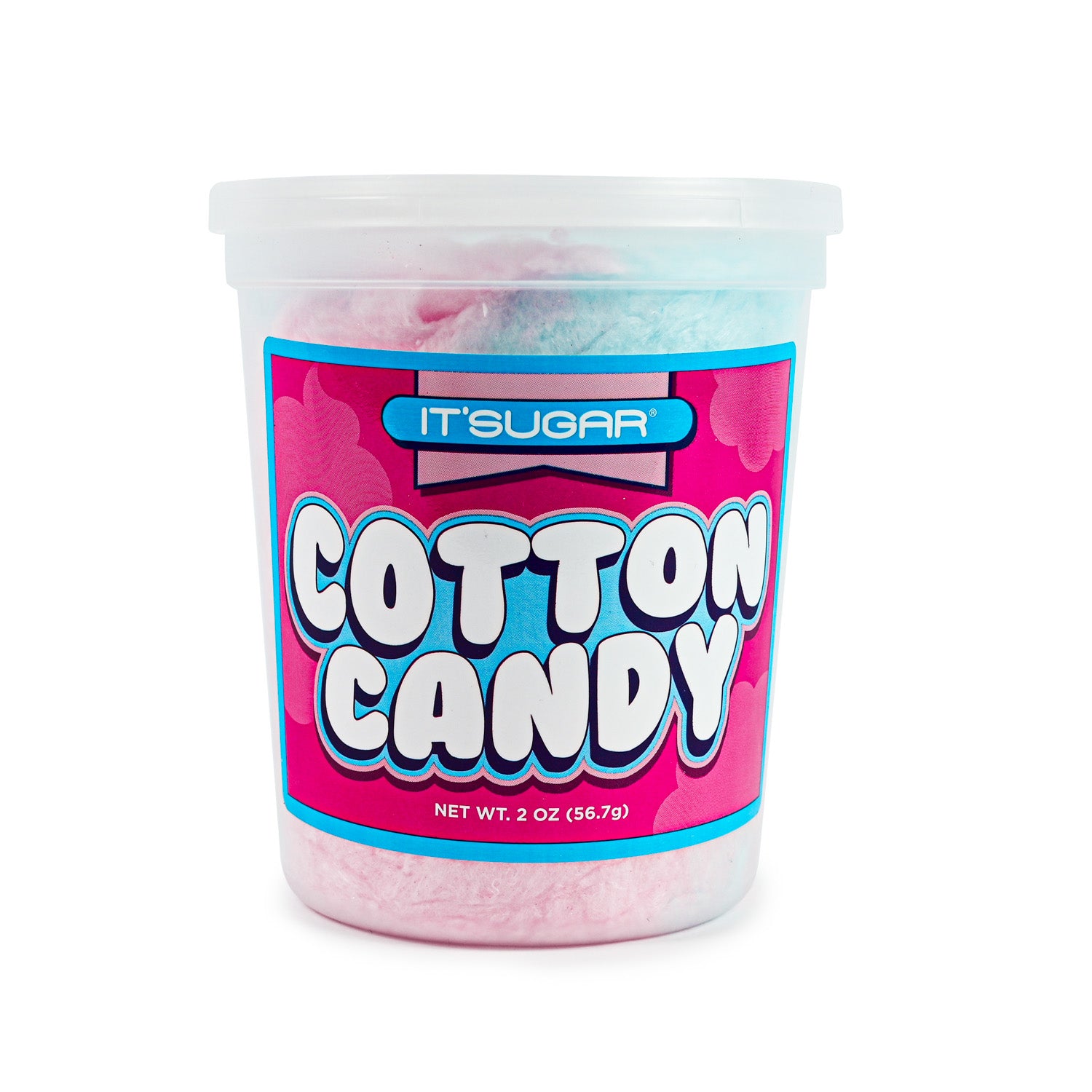 Two back views of a “Sour Blue Razz Cotton Candy” container showing nutrition facts, ingredients, and barcode labels.