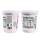 Two views of a “Magical Swirl Cotton Candy” container showing nutrition facts, ingredients, and barcode labels on the back.