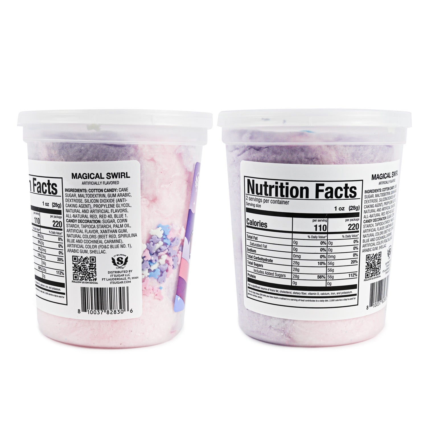 Two views of a “Magical Swirl Cotton Candy” container showing nutrition facts, ingredients, and barcode labels on the back.