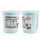 Two back views of a “Sour Blue Razz Cotton Candy” container showing nutrition facts, ingredients, and barcode labels.