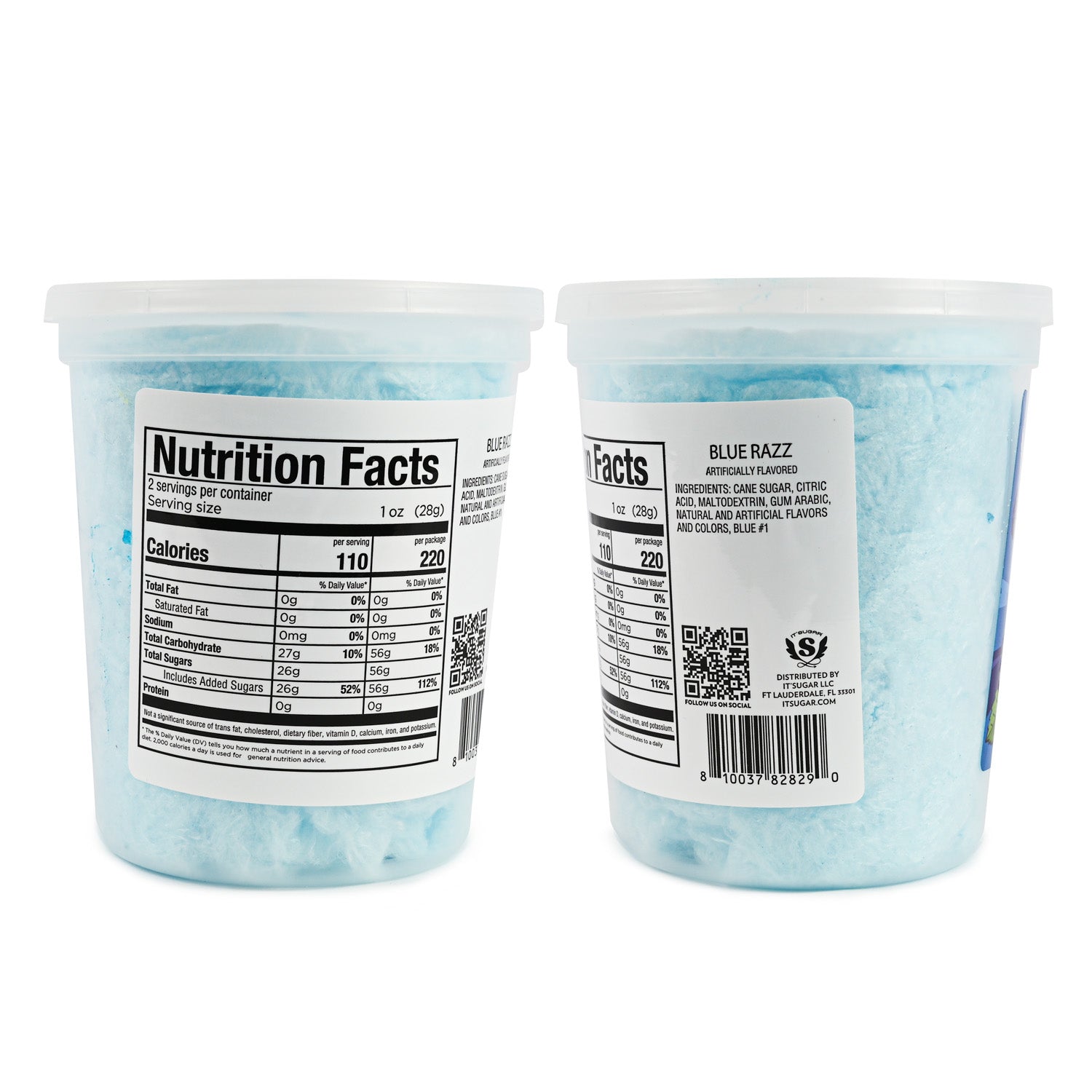 Two back views of a “Sour Blue Razz Cotton Candy” container showing nutrition facts, ingredients, and barcode labels.