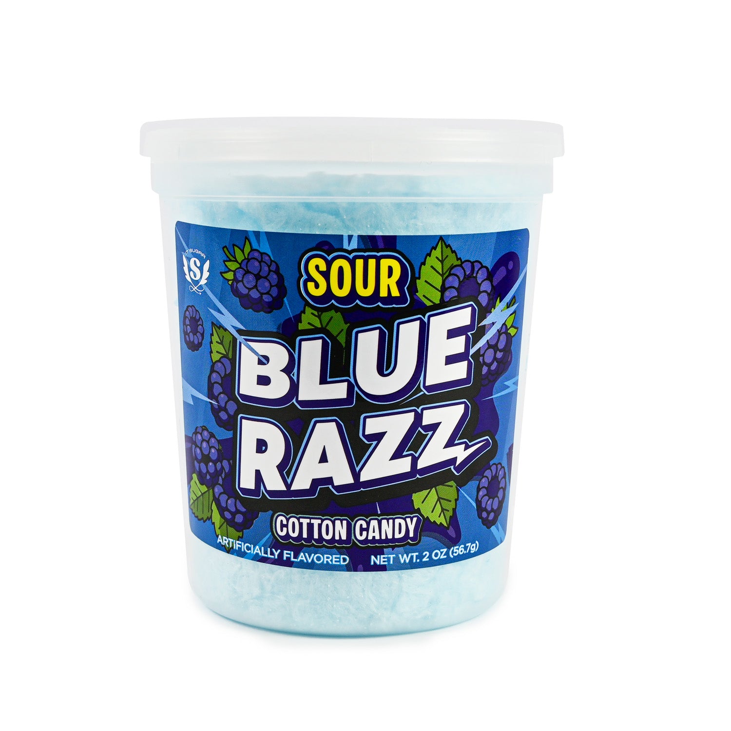 A clear tub of light blue cotton candy labeled “Sour Blue Razz Cotton Candy,” featuring blackberry graphics on a blue label.
