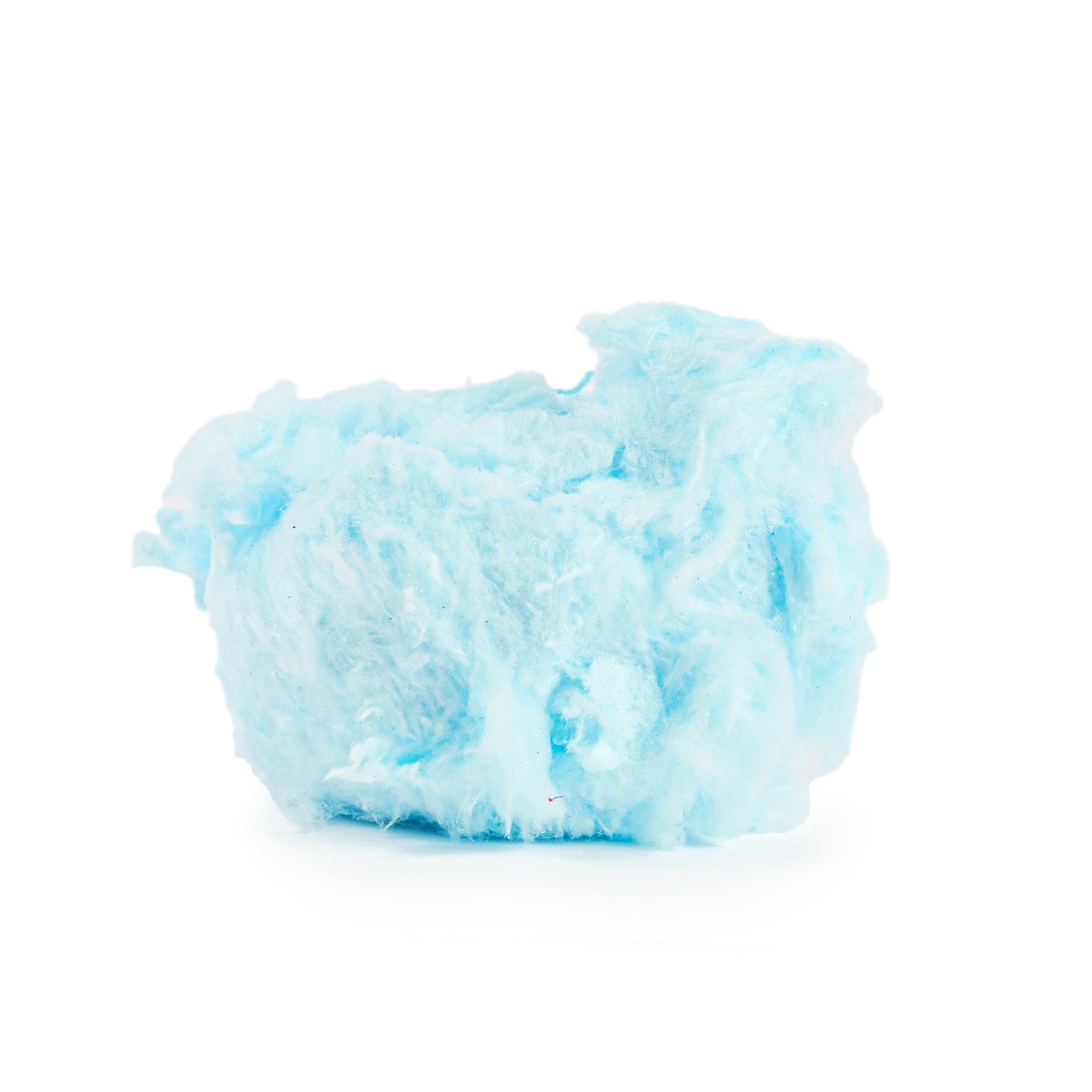 A fluffy mound of light blue cotton candy shown on a white background.