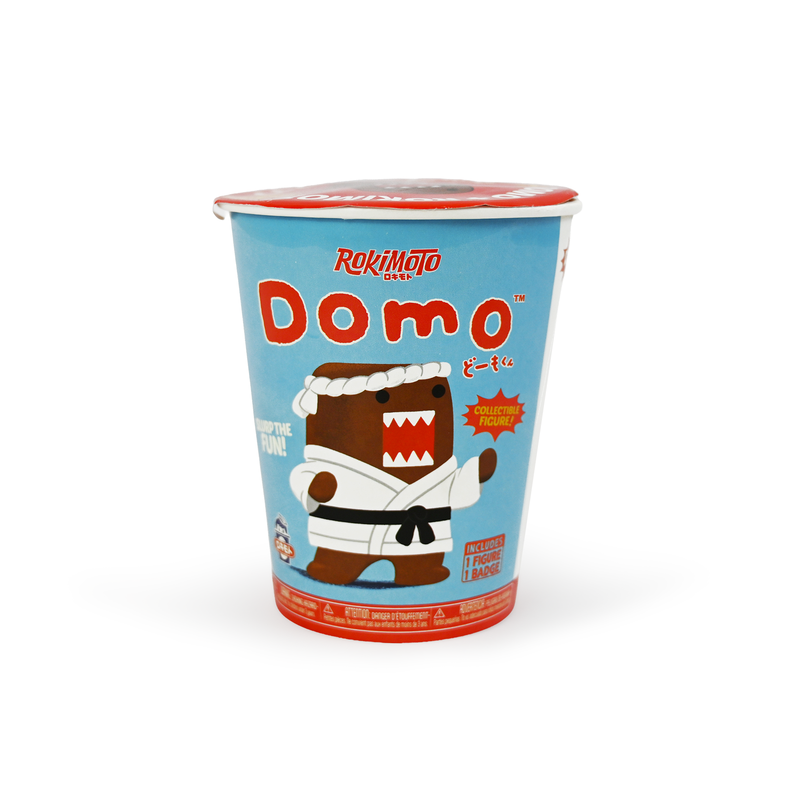 Light blue ramen cup with red text that says Rokimoto Domo and a picture of Domo in a Karate uniform