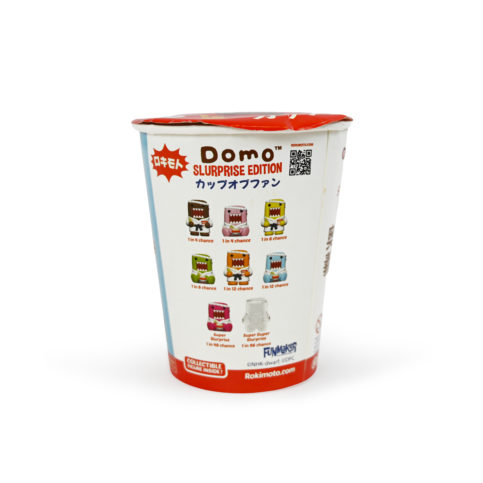 Other side of Ramen cup is white. Top text says " Domo Slurprise Edition". Below that are images of various Domo figures