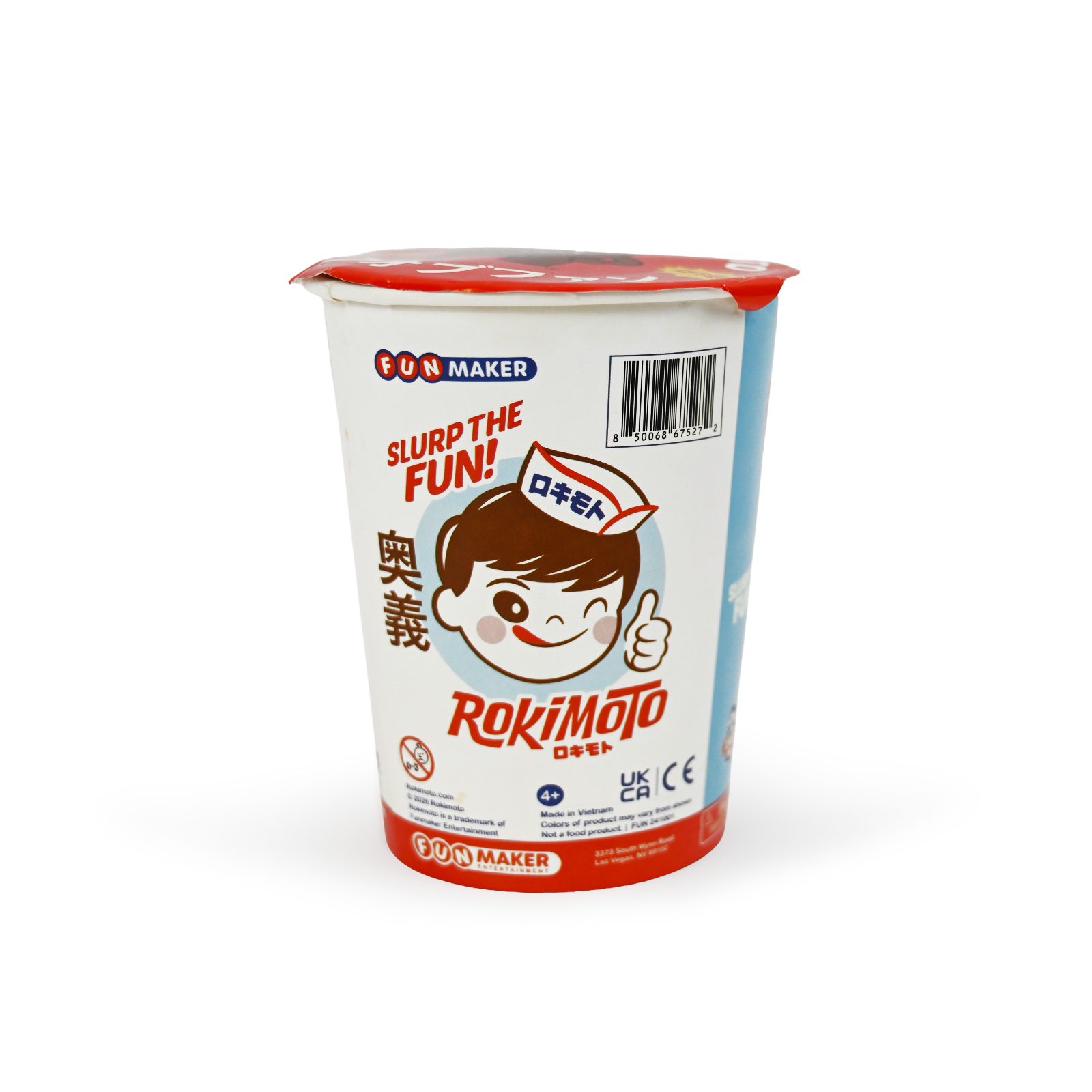 Back side of ramen cup is white with red text saying "Slurp the fun" above a picture of a smiling Japanese boys face giving a thumbs up. Red text below says Rokimoto