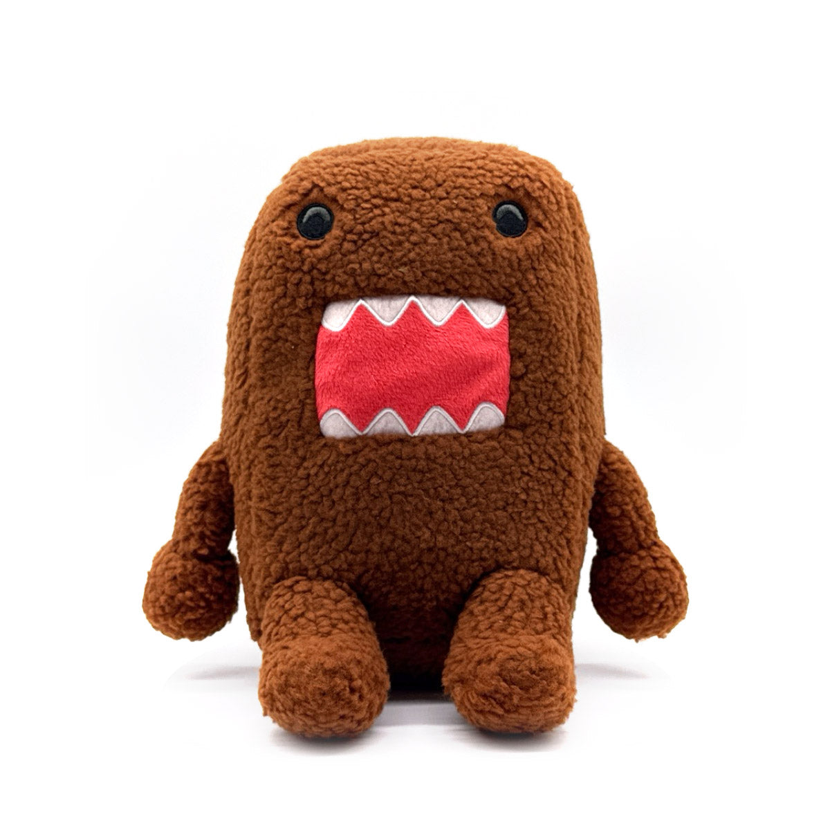 Domo-kun plush toy with a red mouth on a white background