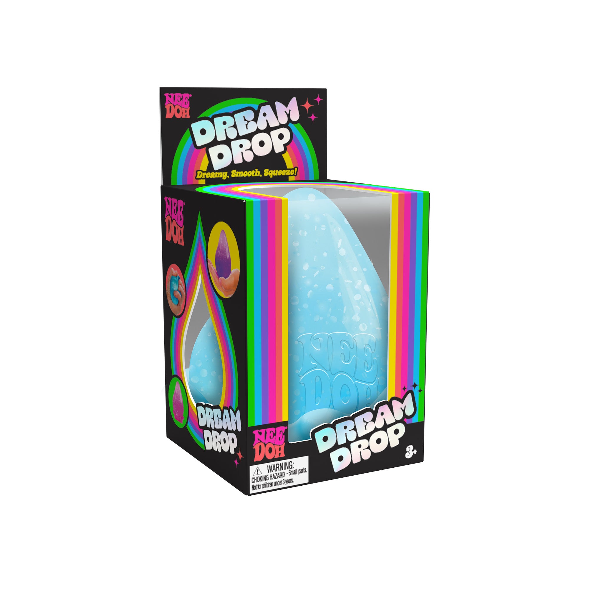 A boxed needoh toy product labeled 'Dream Drop' shown on a plain white background. The package is black with bright rainbow graphics and a clear front window revealing a blue, textured, egg-shaped toy inside.