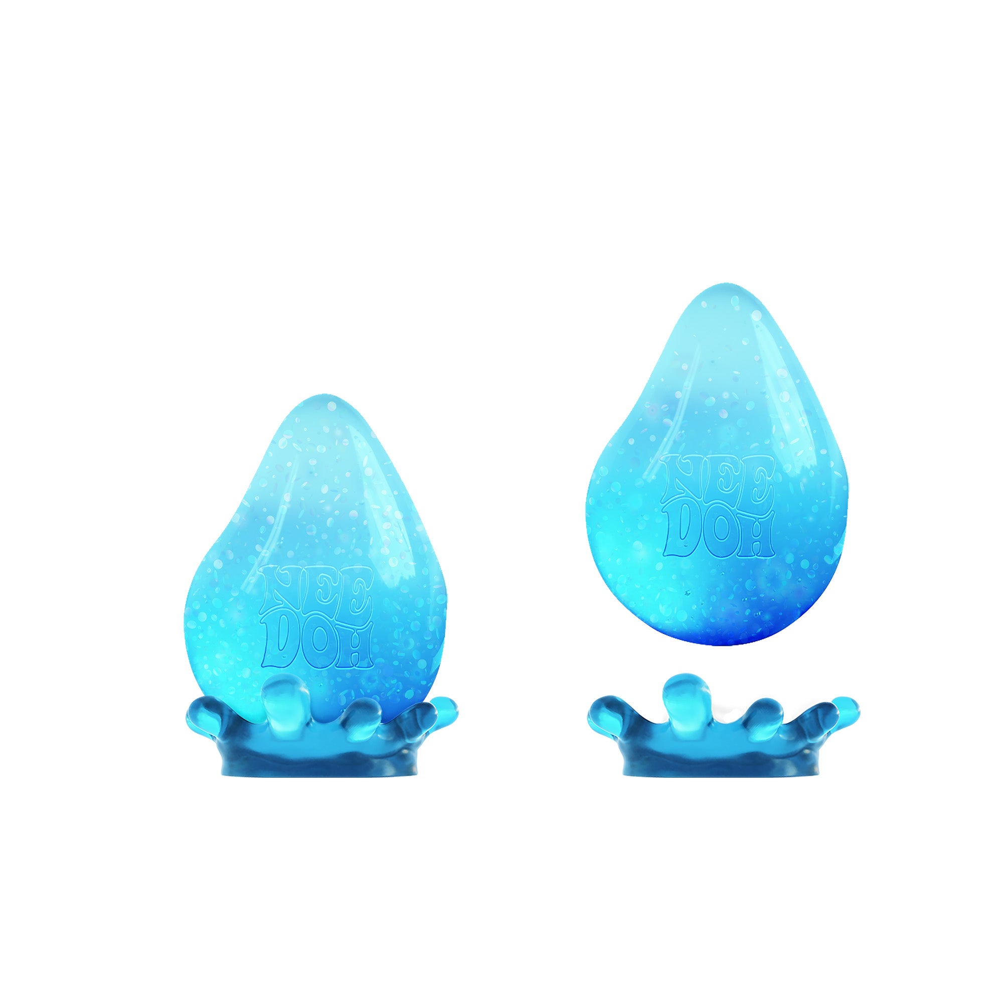 Two blue teardrop-shaped needoh dream drop toy on a white background