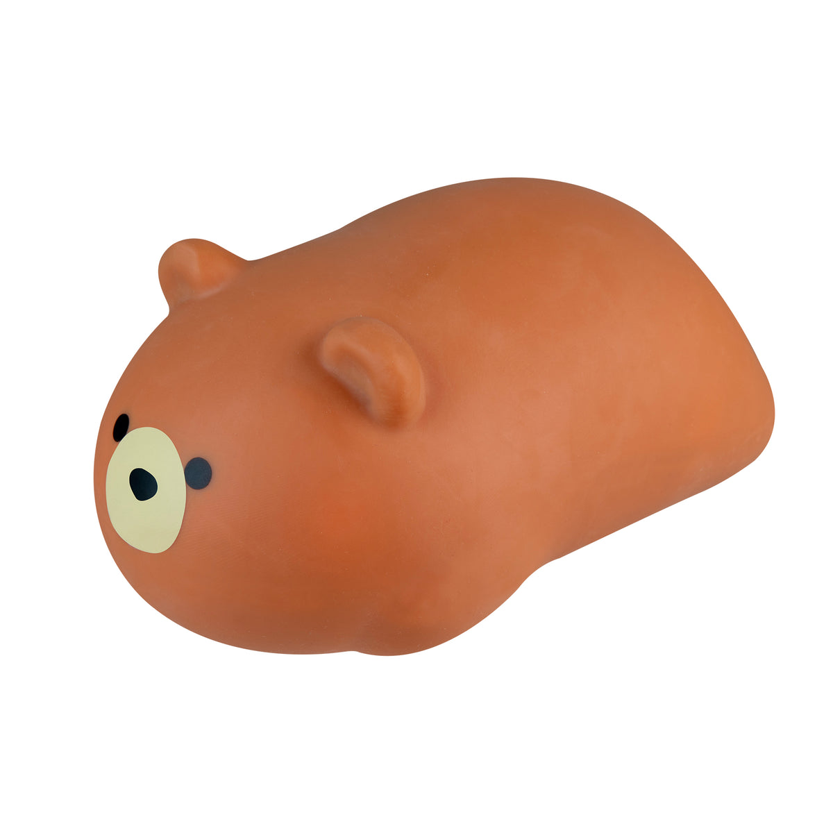 Brown bear‑shaped squishy toy shown lying on its side, with a rounded body, small ears, and a simple cartoon face, displayed on a white background.