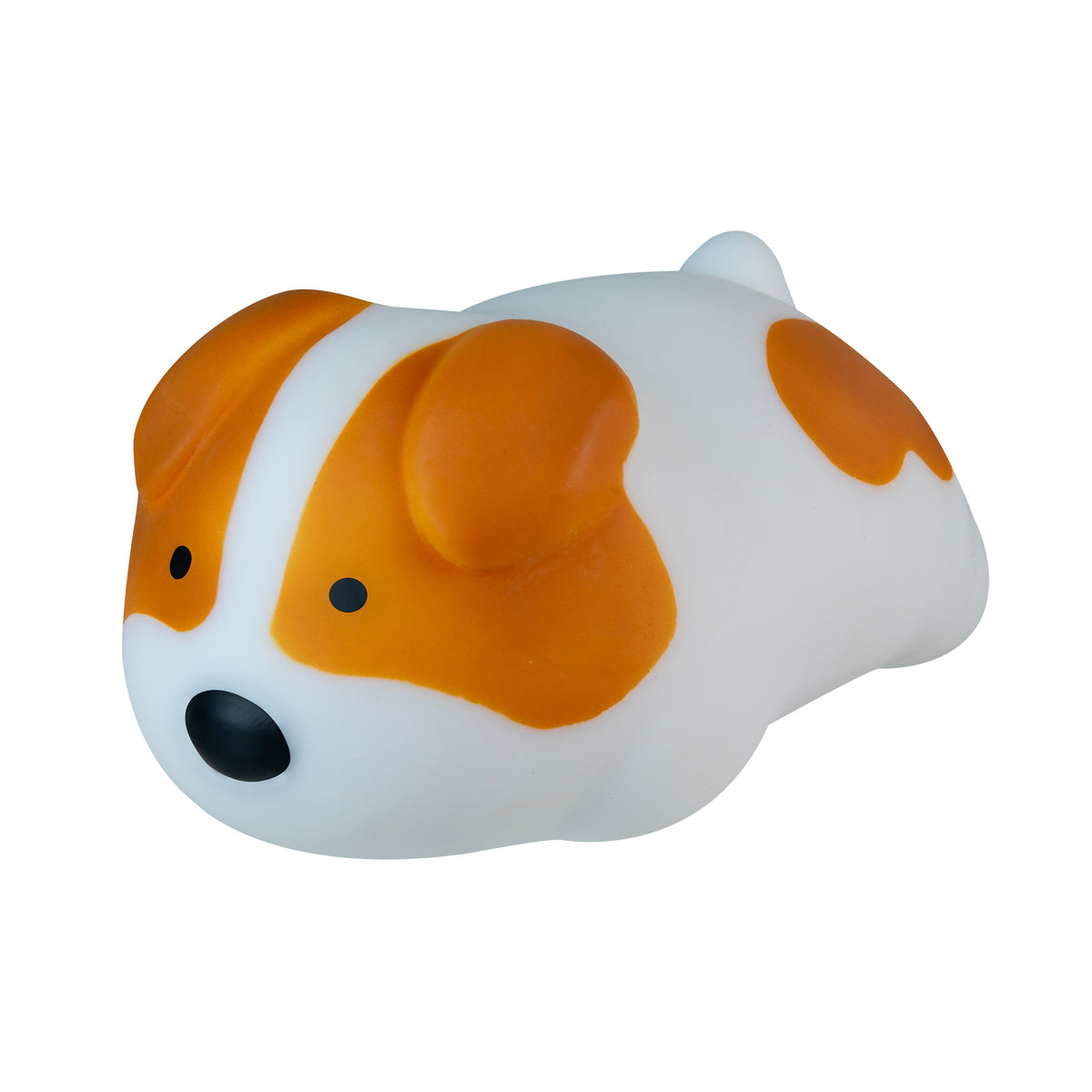 White dog‑shaped squishy toy with brown patches on the head and body, a rounded form, small ears, and a simple cartoon face, shown on a white background.