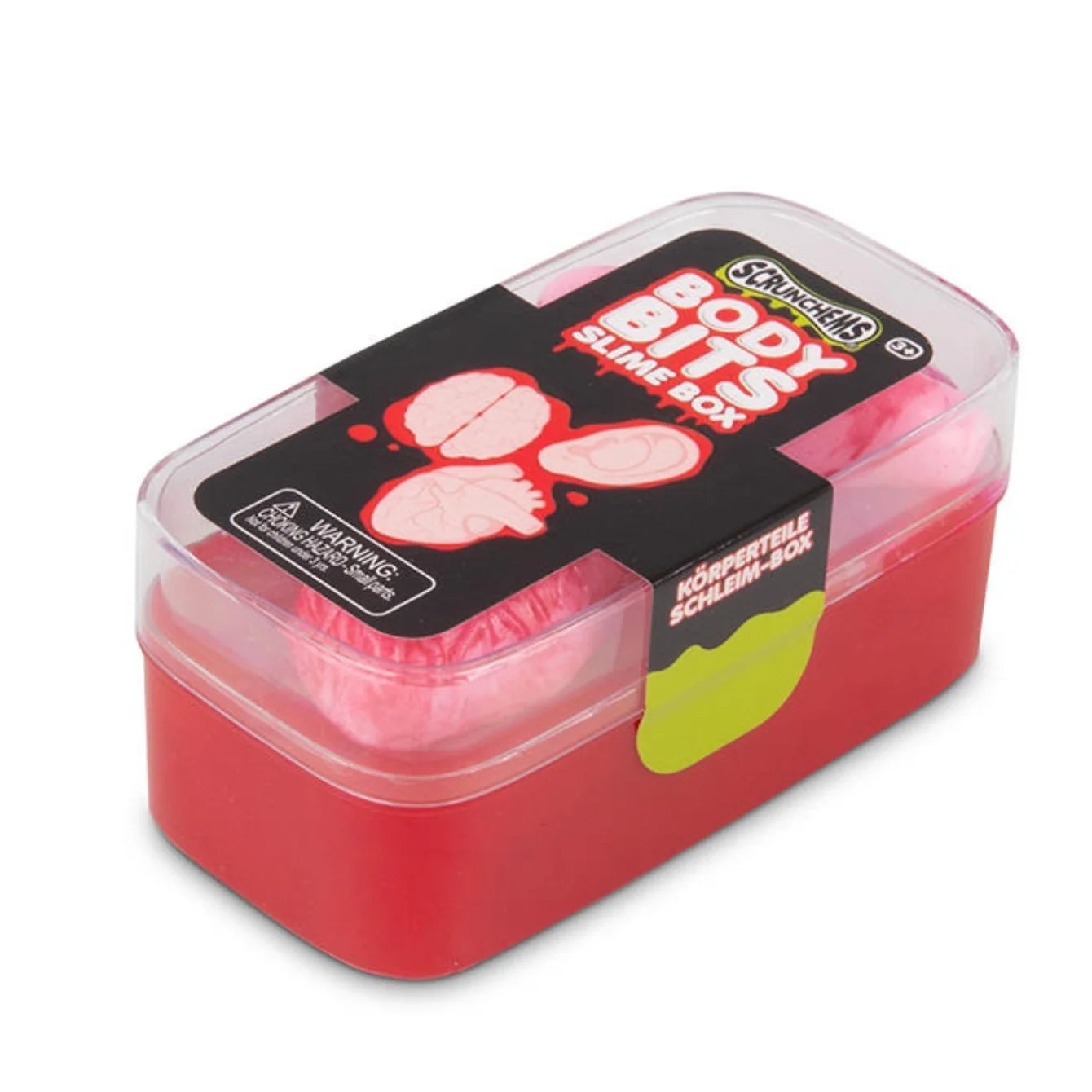 A red slime box with a clear lid and a black label reading 'Body Bits Slime Box' and 'Hormatable Scab Box,' shown on a white background.