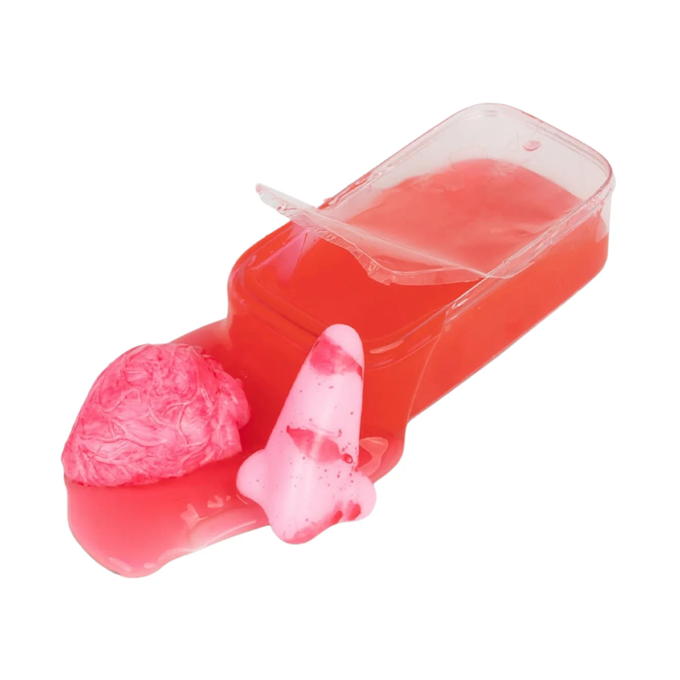 Red silicone mold with pink silicone pieces on a white background