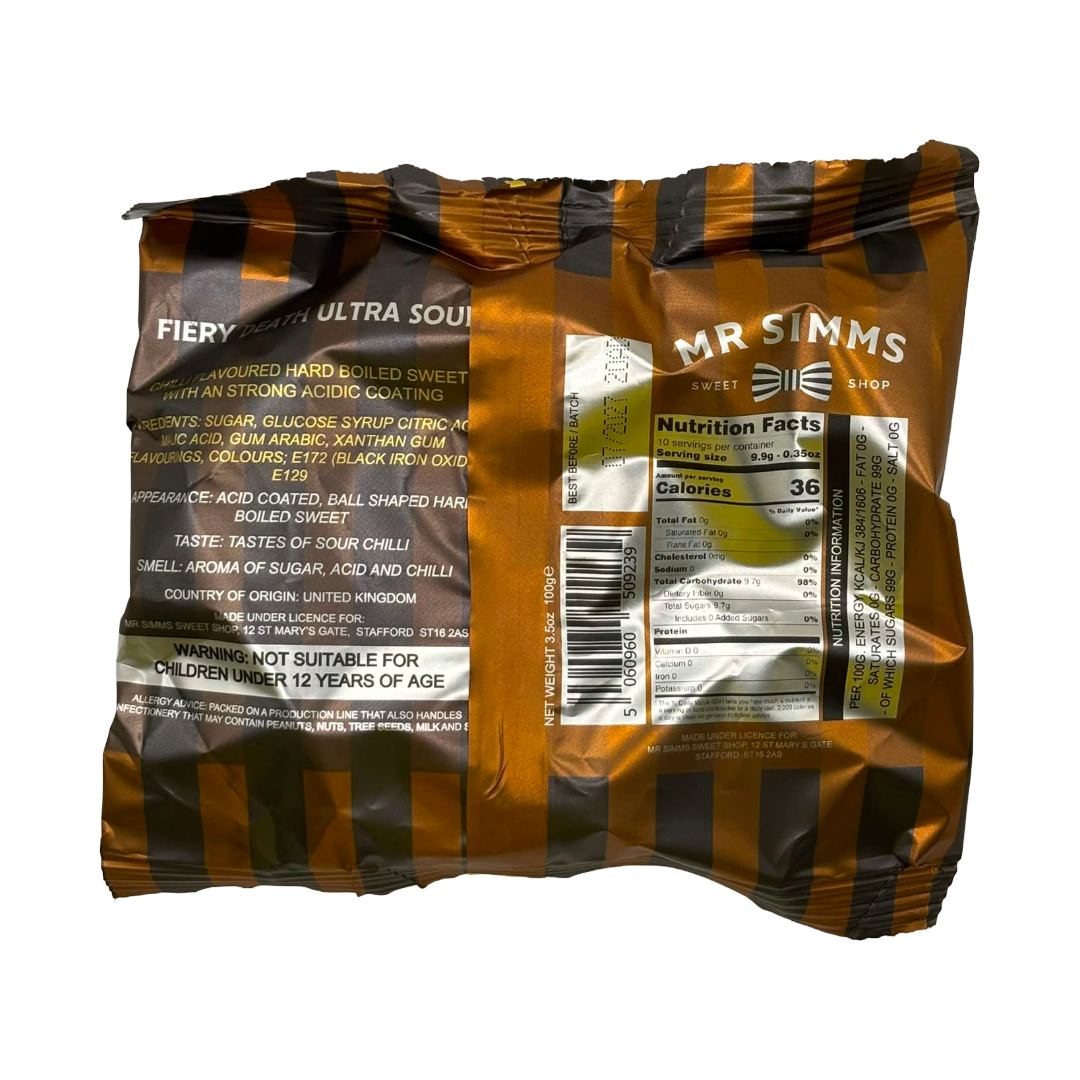 A single bag of Mr Simms Fiery Mouth Ultra Sweet rolled hard coated sweet, shown against a plain white background. The packaging features a metallic gold and black striped design with white branding and a nutrition facts panel on the side.