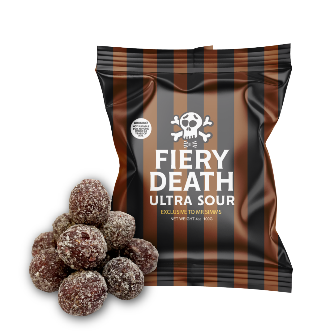 Fiery Death Ultra Sours with packaging on a white background