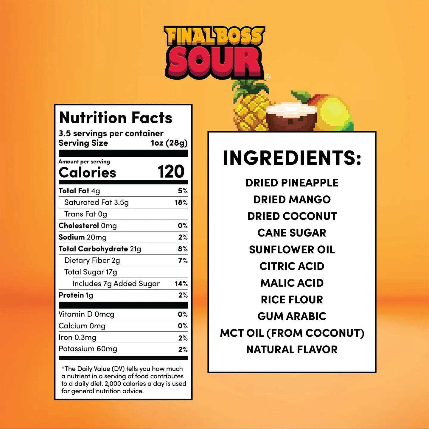 Nutrition facts and ingredients list for a product labeled 'Final Boss Sour' on an orange background.
