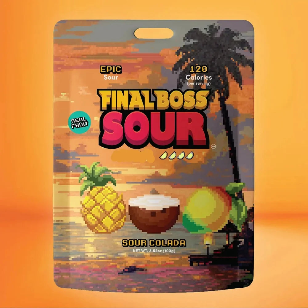 A stand-up pouch package for Final Boss Sour flavor, featuring a pixel-art tropical sunset scene with palm trees, a pineapple, a coconut, and a lime. The package includes text such as 'EPIC Sour,' '120 Calories (per serving),' 'SOUR COLADA,' and 'REAL FRUIT.