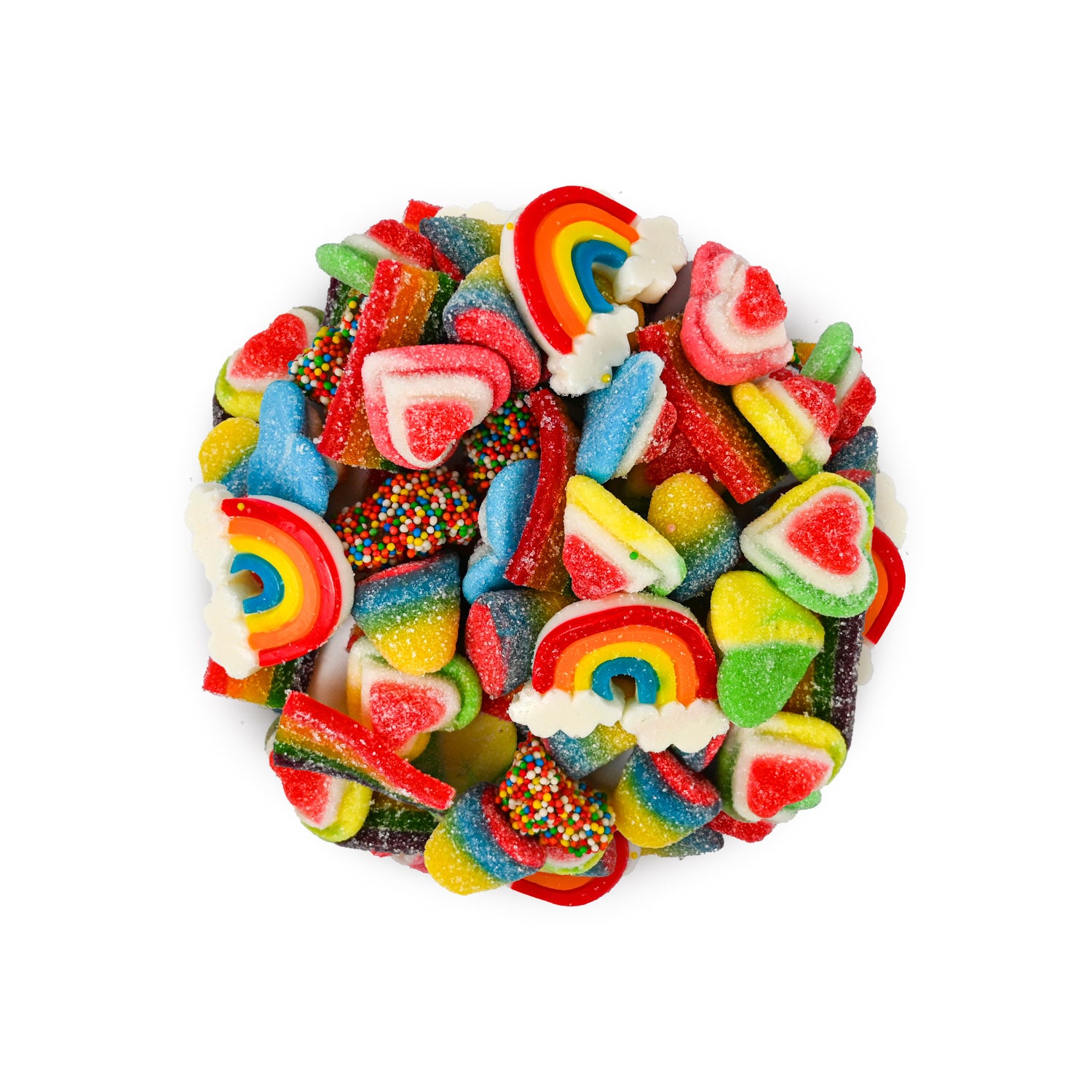 Assorted colorful gummy candies including rainbows and hearts on a white background
