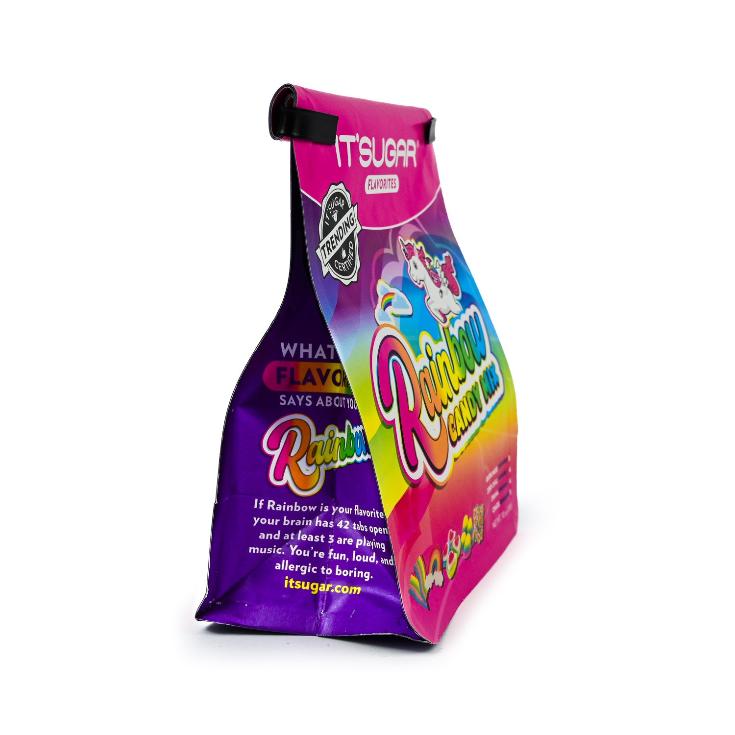 Colorful package of Rainbow Candy with a pink and purple design on a white background