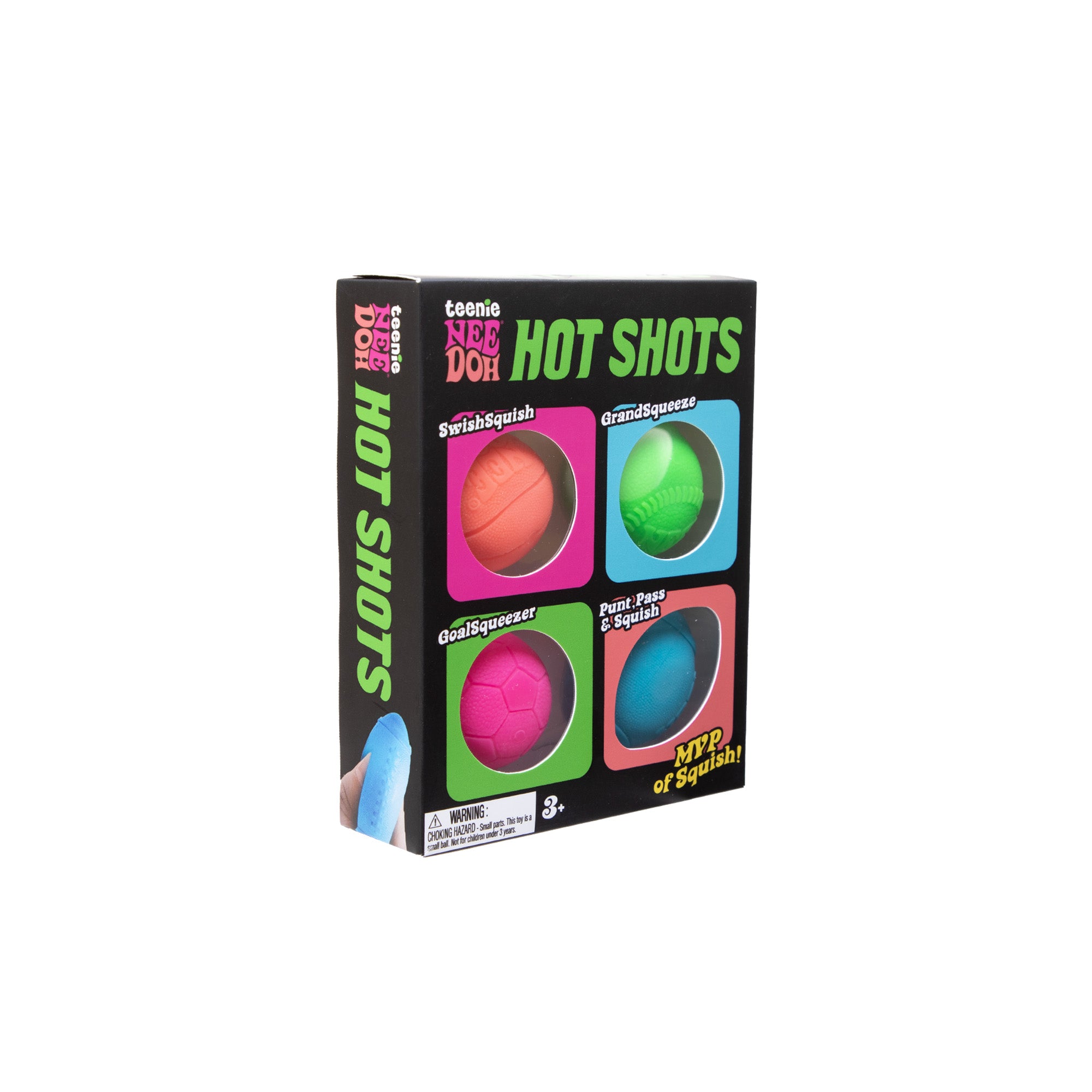 Product box labeled “Teeniez Nee Doh Hot Shots” displaying four colorful squeeze balls in window cutouts on a black background.