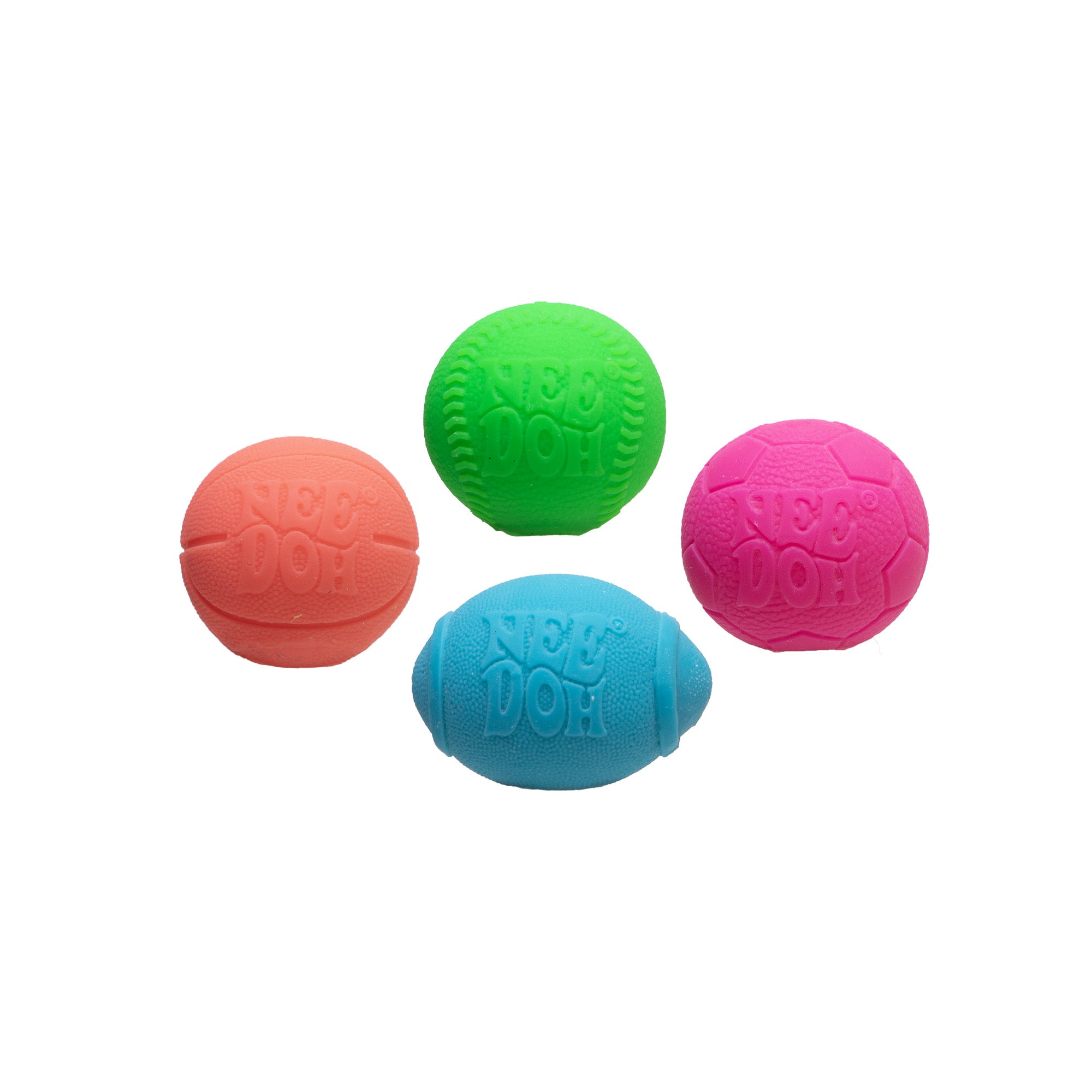 Four colorful Nee Doh squeeze balls in orange, green, pink, and blue, each with a textured surface and logo, displayed on a white background.