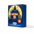 A blue rectangular box for a Universal Yums 'Trick or Treat Across the World!' 30-day countdown treat box, featuring a spooky haunted house illustration under a full moon on the front.