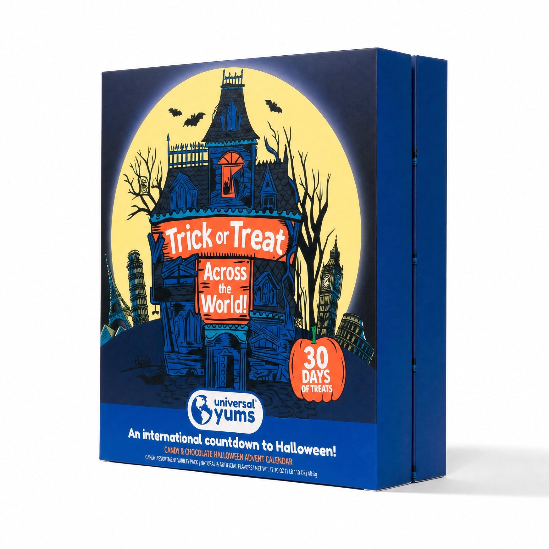 A blue rectangular box for a Universal Yums 'Trick or Treat Across the World!' 30-day countdown treat box, featuring a spooky haunted house illustration under a full moon on the front.