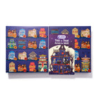 A Halloween-themed advent calendar set by Universal Yums, featuring a large 30-compartment cardboard box with illustrated haunted houses and numbered doors, alongside a smaller purple booklet titled 'Trick or Treat Across the World'.