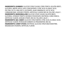 Image displays a detailed ingredient list for gummies, marshmallows, gel candy, and candy sticks, including glucose syrup, sugar, gelatin (beef), artificial flavors, and added colorings such as Red 40, Yellow 5, and Blue 1.