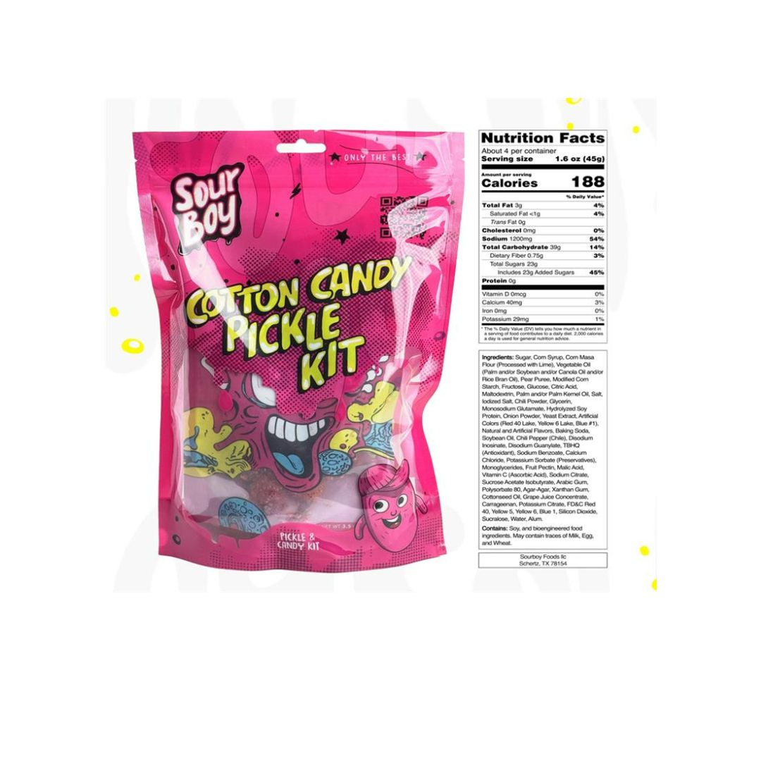 A pink “Sour Boy Cotton Candy Pickle Kit” package shown next to a nutrition facts panel listing 188 calories and ingredients on a white background.