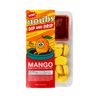 Noubs Mango Dip and Drip sour candy with chamoy dip in a clear plastic clamshell package with a colorful orange and red label, shown on a white background.