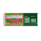 The back of a Noubs Watermelon, showing the nutrition facts panel, ingredients, a QR code, and barcode on a dark green background with pink wavy accents.