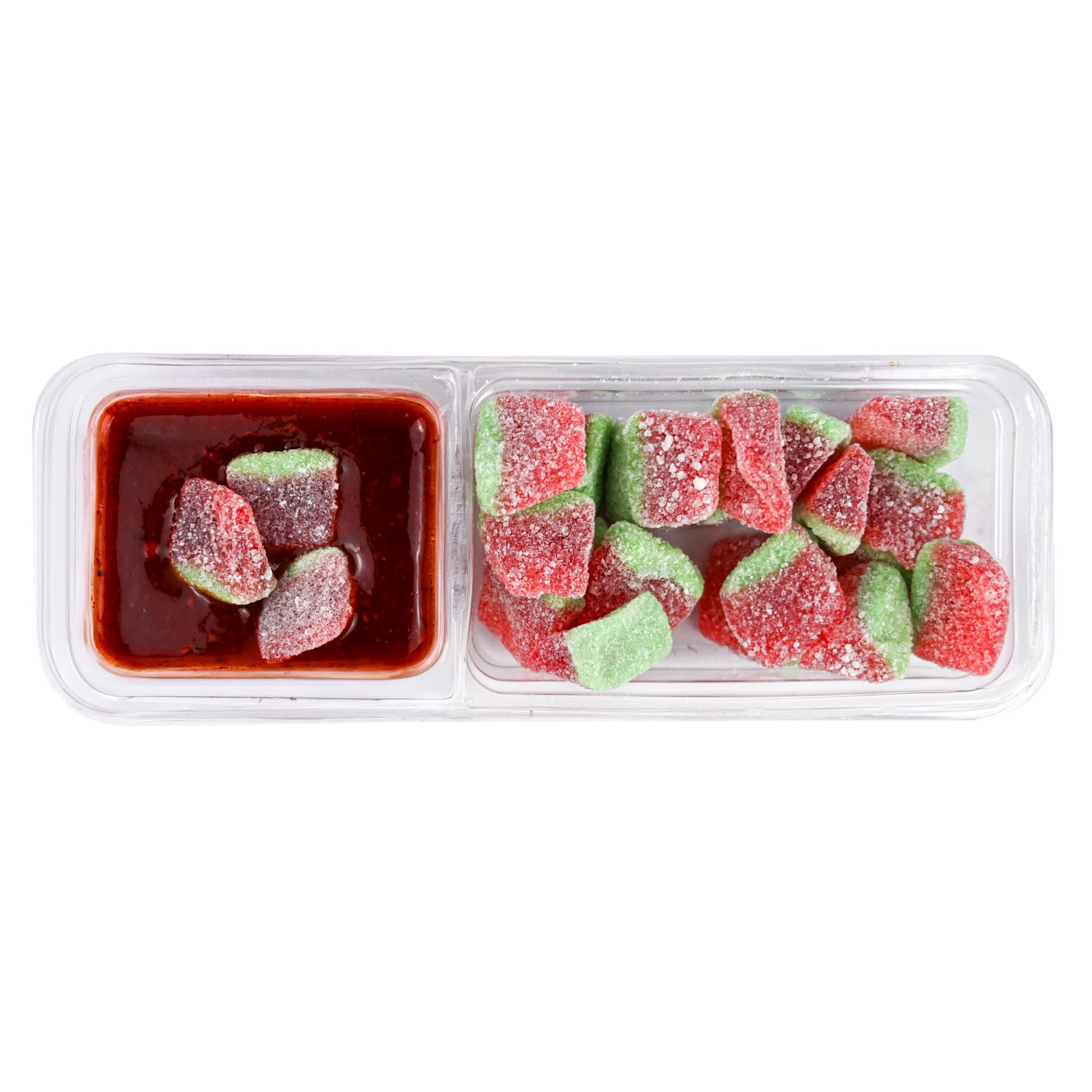 A clear plastic two-compartment candy tray on a white background. The left compartment contains four dark red, sugar-dusted candy pieces partially submerged in a chamoy dipping sauce.