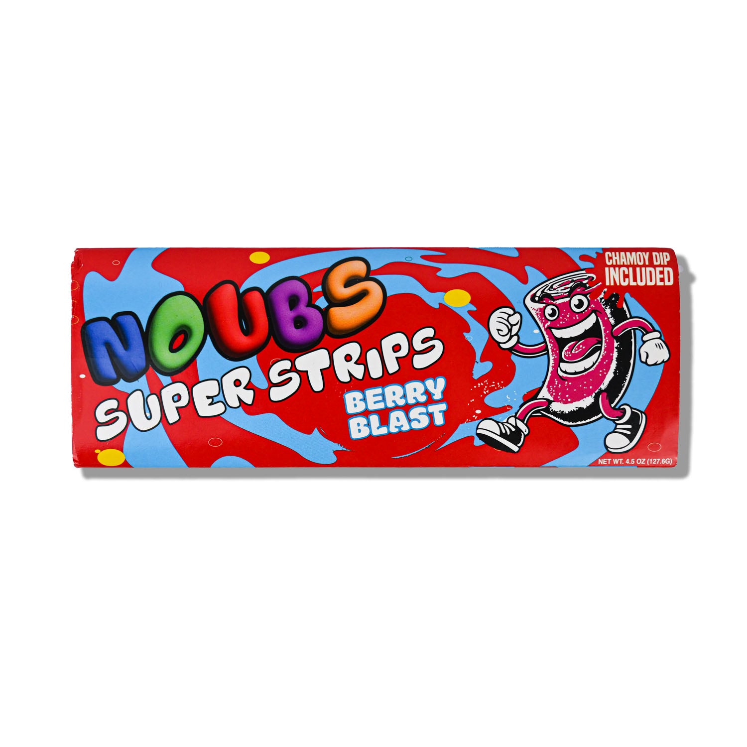 A package of Noubs Super Strips Berry Blast candy, featuring a bright red wrapper with blue splash accents, multicolored 'NOUBS' lettering, and a cartoon character on the right.