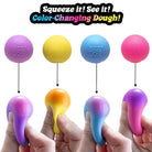 Six color-changing stress relief toys shown in different colors, with hands squeezing them to demonstrate their squishy texture. The top features the text 'Squeeze it! See it! Color-Changing Dough!'.