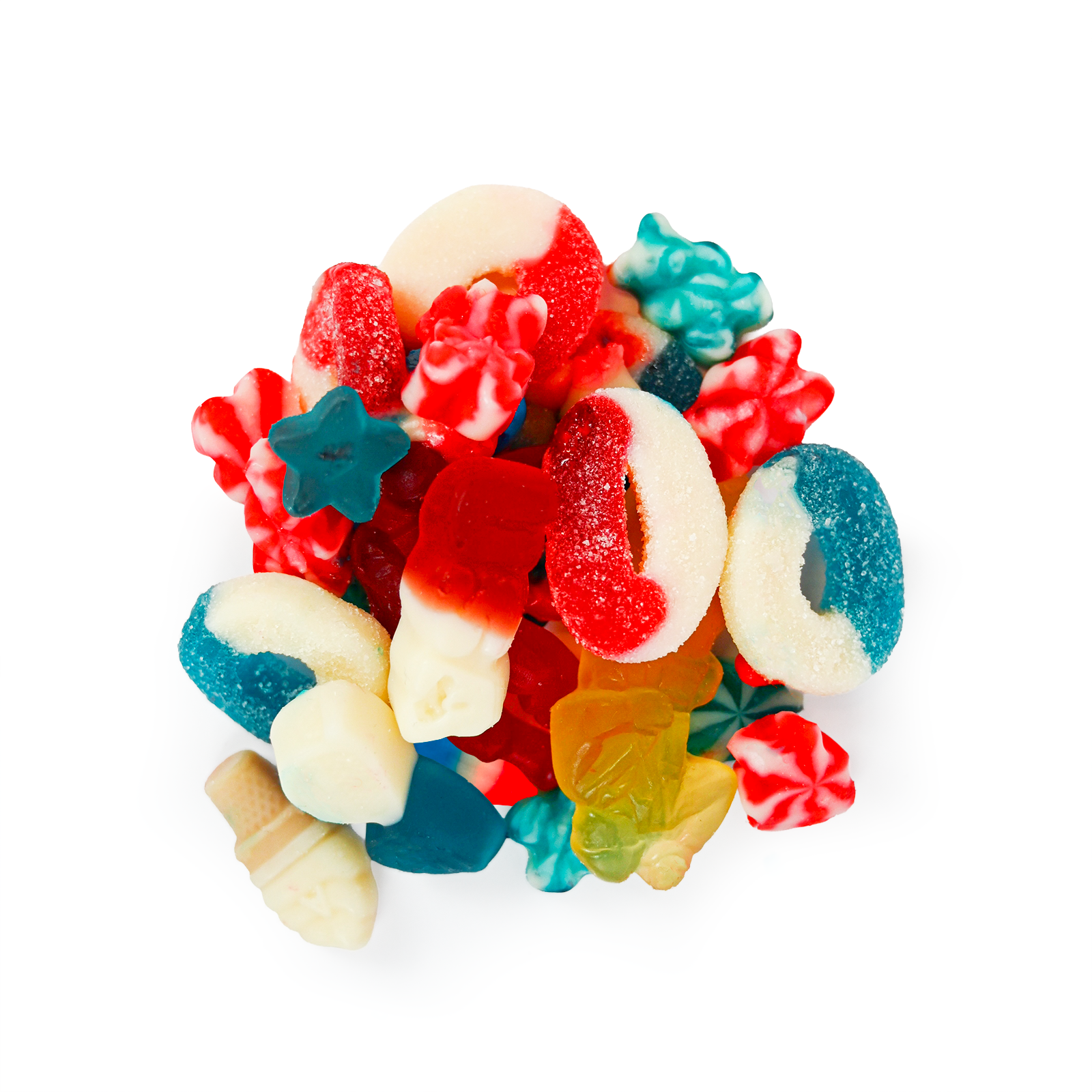 Pile of assorted red, white, blue, and multicolored gummy candies on a white background.