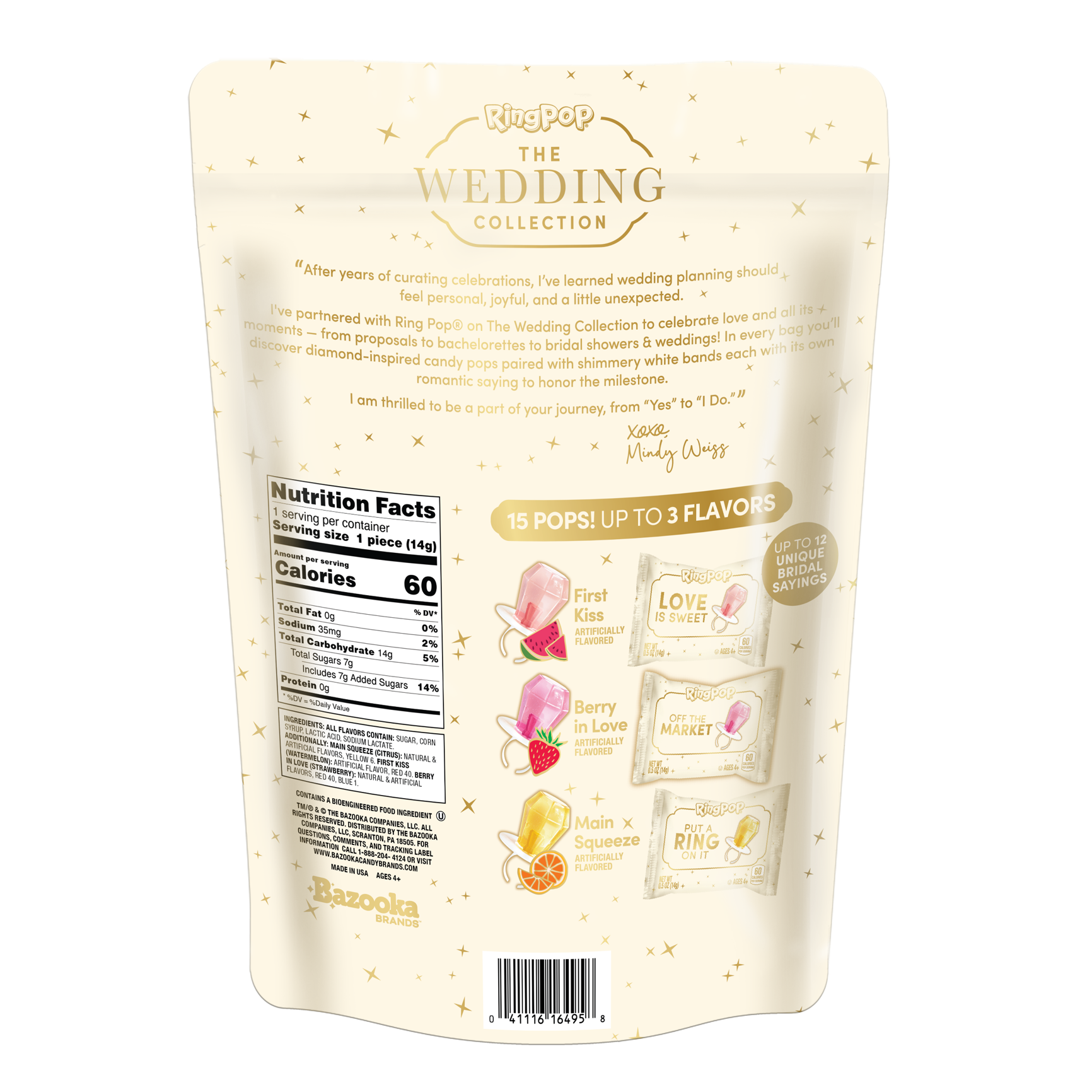 Rizop 'The Wedding Collection' 15-count bag of wedding planning ring pops, showing the back of the cream-colored resealable pouch with flavor illustrations and product details.