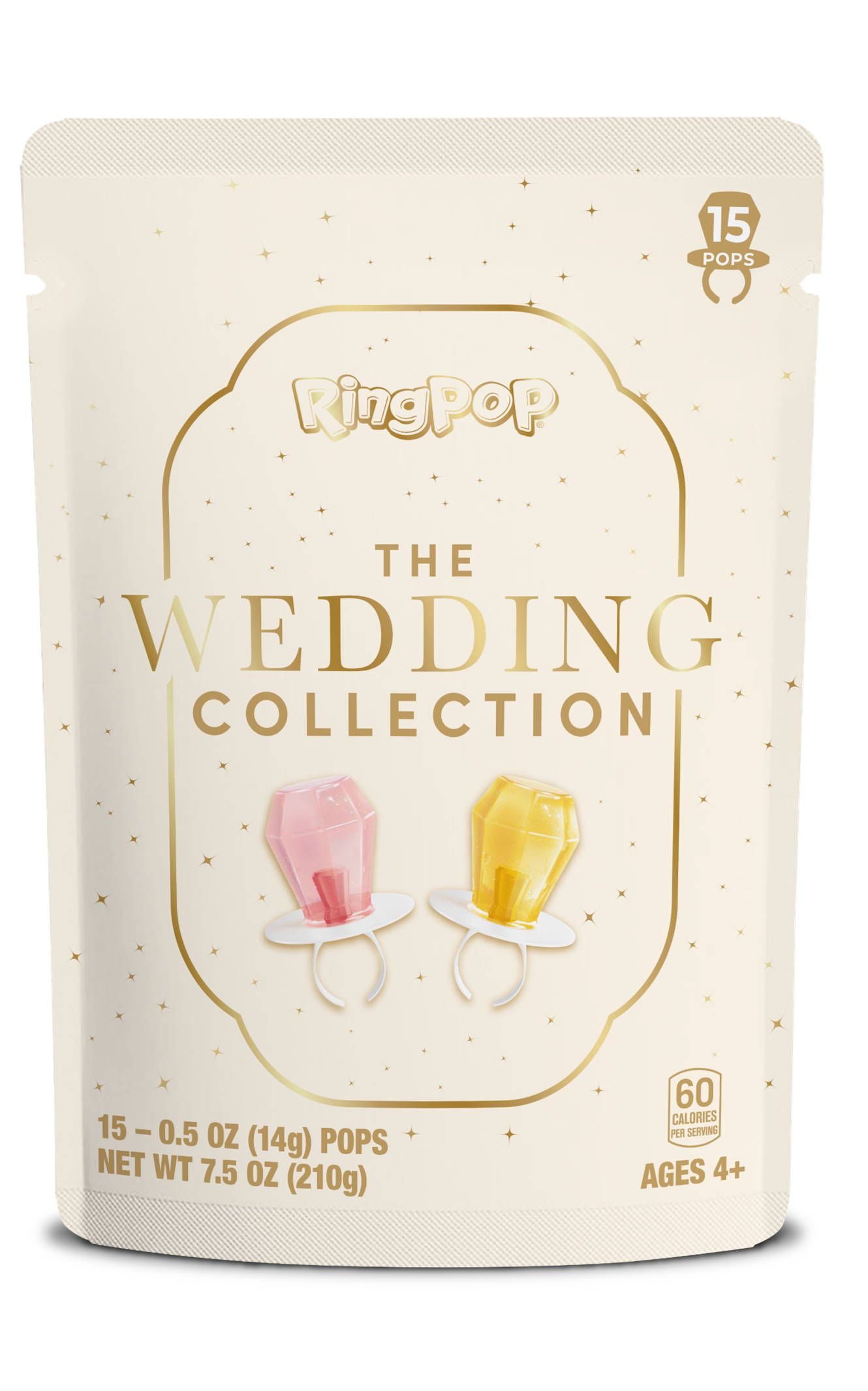 RingPop The Wedding Collection 15-piece pouch of gem-shaped pops in pink and yellow, on a clean white background.