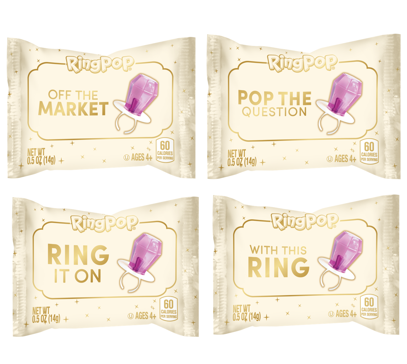 Four RingPop candy packages arranged in a 2x2 grid on a white background. The packages are cream-colored with gold lettering and a purple ring-shaped candy illustration.