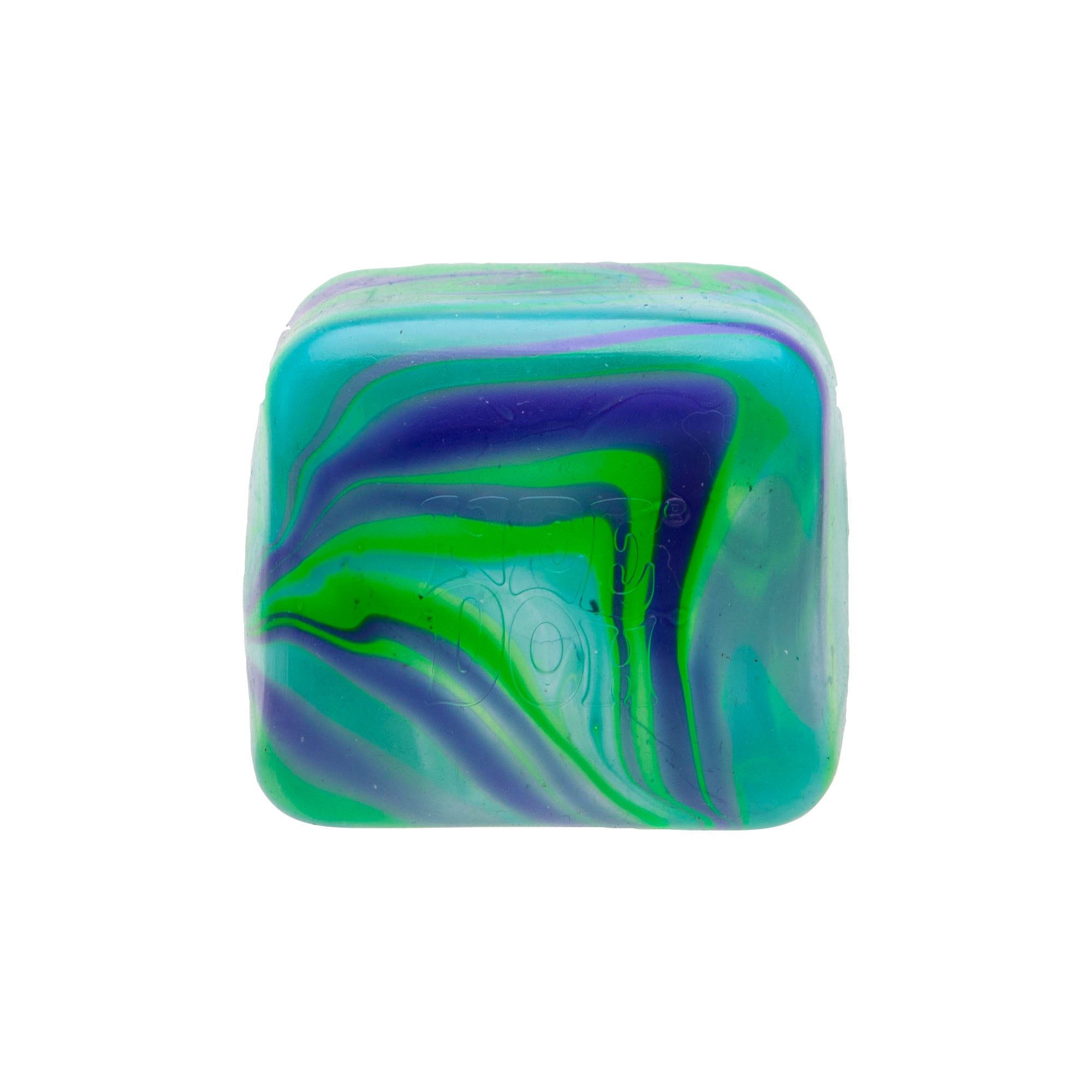 Close‑up of a square Nee Doh squeeze toy with blue, green, and purple swirl patterns, shown on a white background.