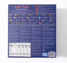 The back of a blue candy box featuring extensive product information, including a 'Trick or Treat across the entire globe' section with illustrations, an ingredients list, nutrition facts, and a barcode.