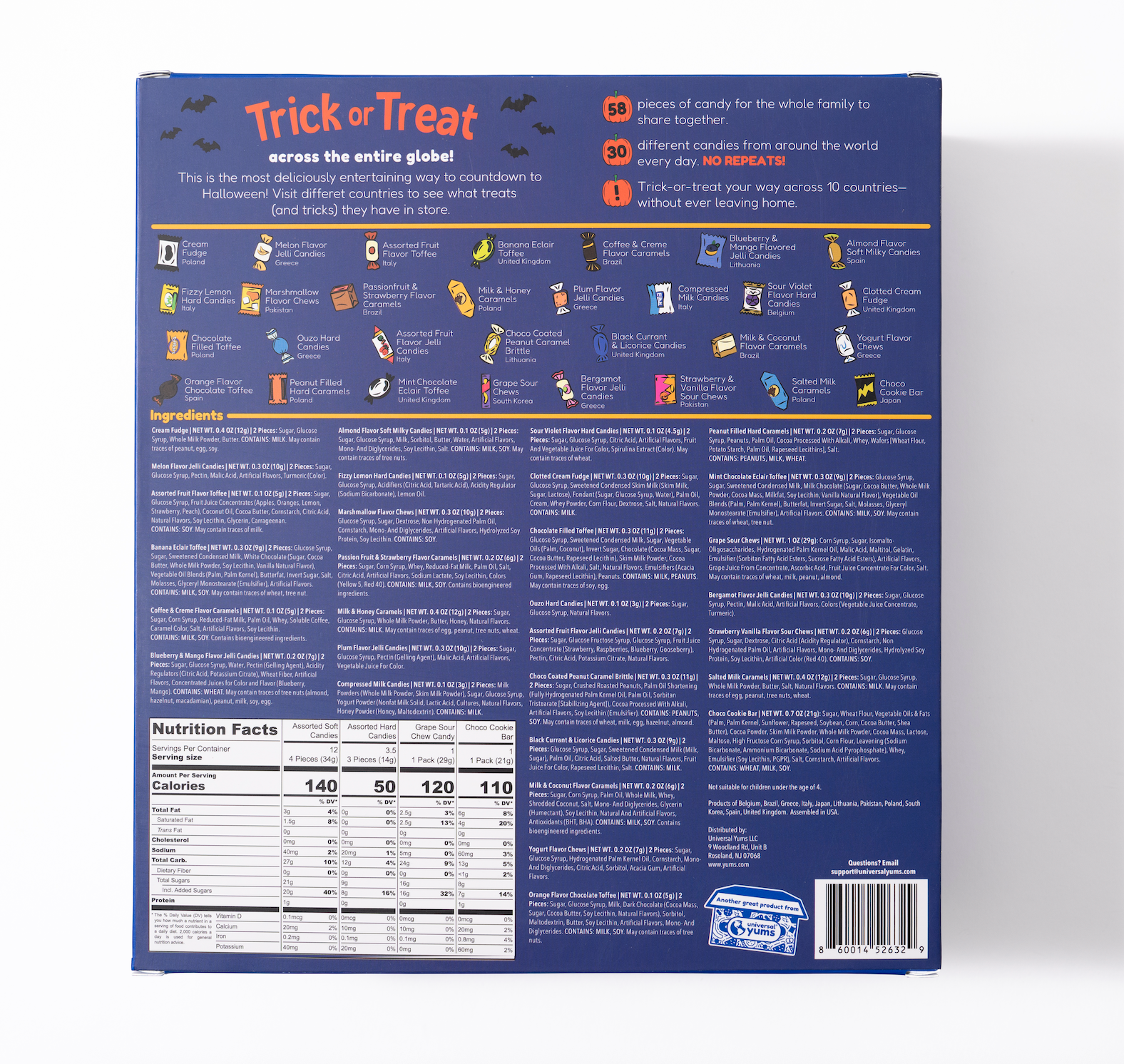 The back of a blue candy box featuring extensive product information, including a 'Trick or Treat across the entire globe' section with illustrations, an ingredients list, nutrition facts, and a barcode.