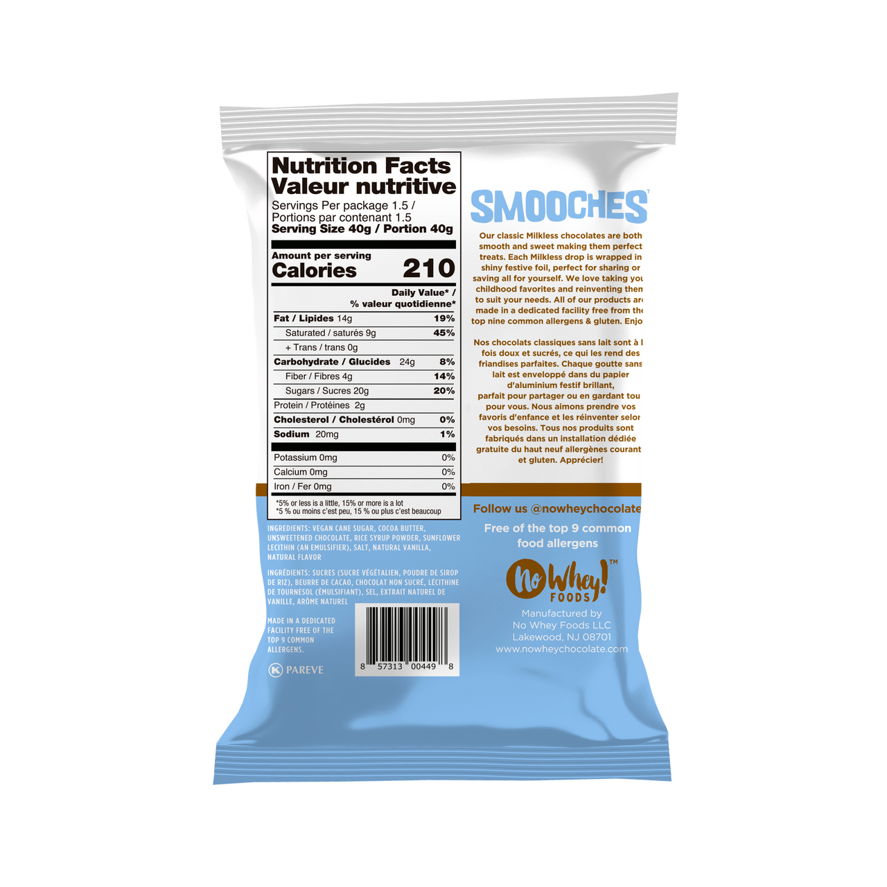 Nutrition facts label on a Smooches protein Smooches packaging with a white background