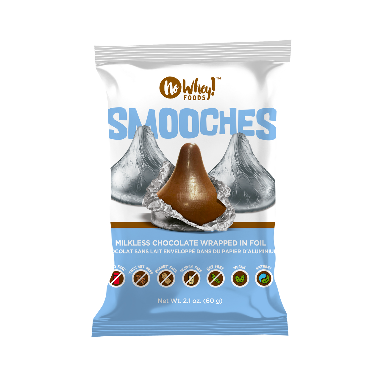 Packaging of NO'Whey! Foods Smooches chocolate candies on a white background