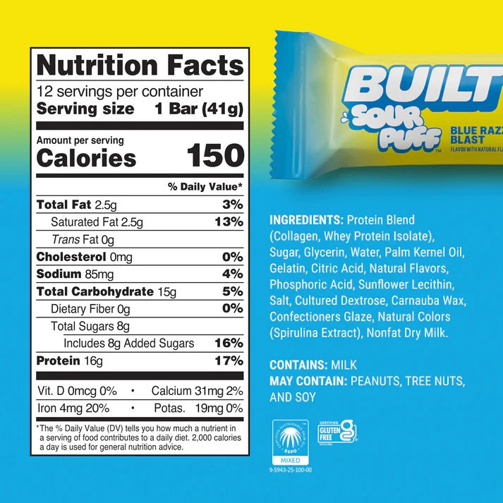 Nutrition facts label and package of Built Sour Puffs Blue Razz Blast on a gradient background