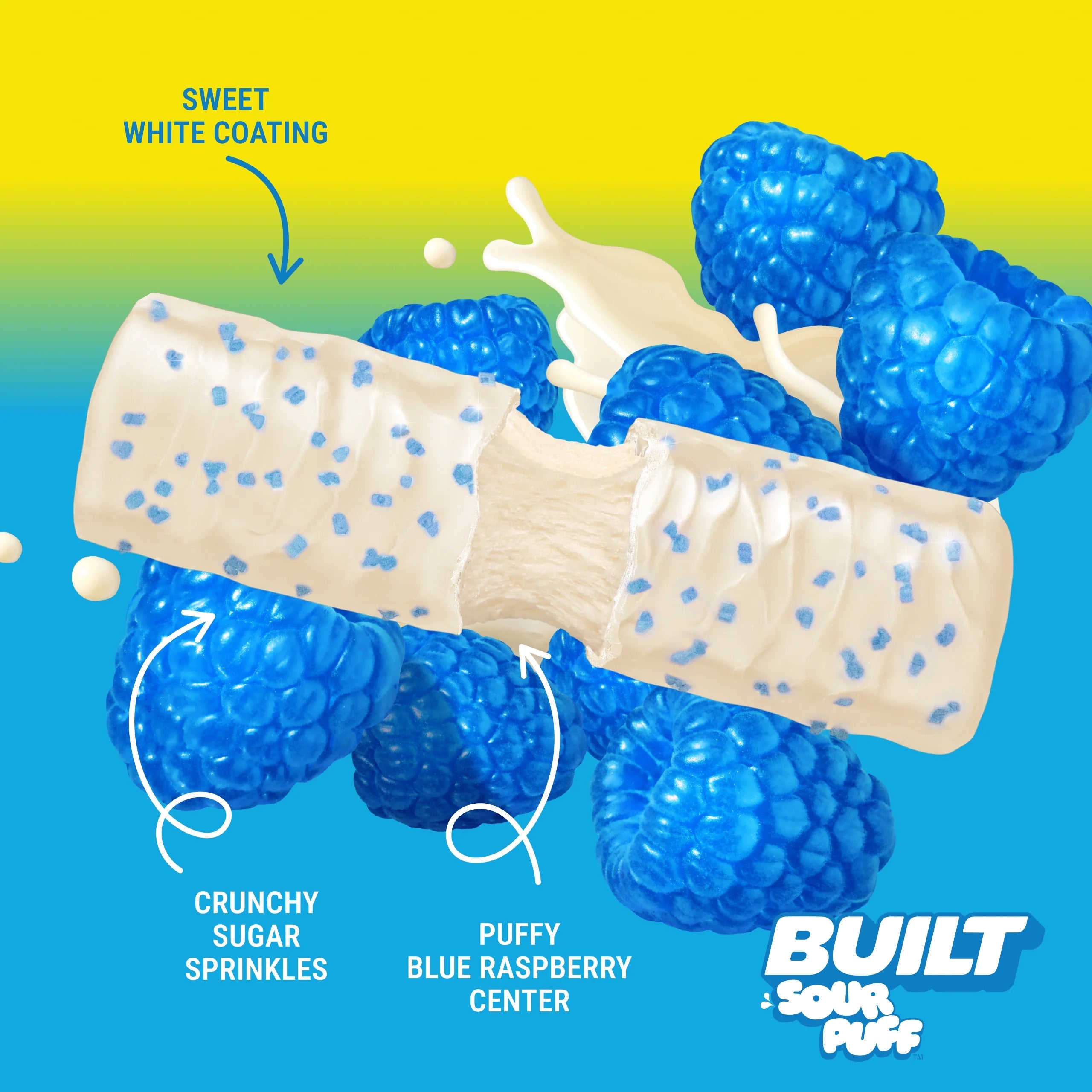 Illustration of a Built Sour Puff with text describing its components on a gradient background.