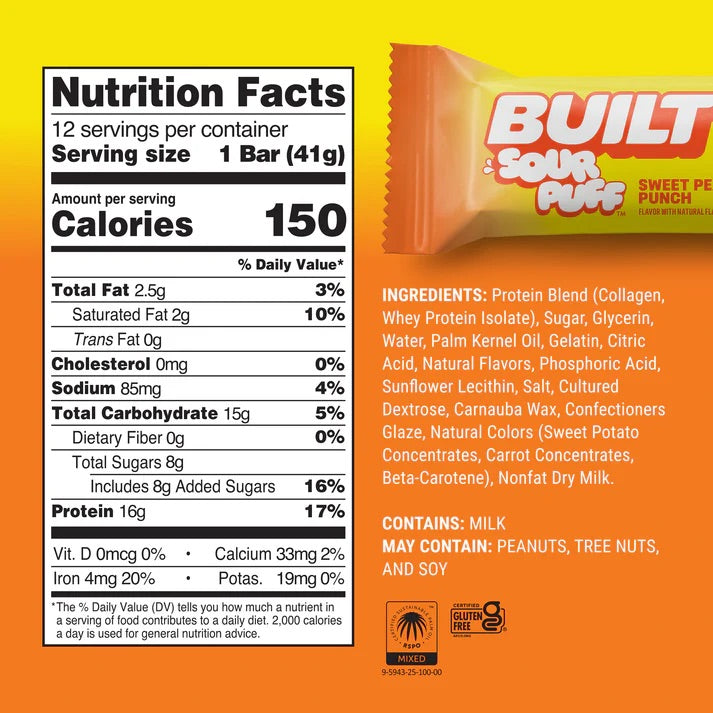 Nutrition facts label and package of Built Sour Puffs Sweet Pea Punch on a yellow background