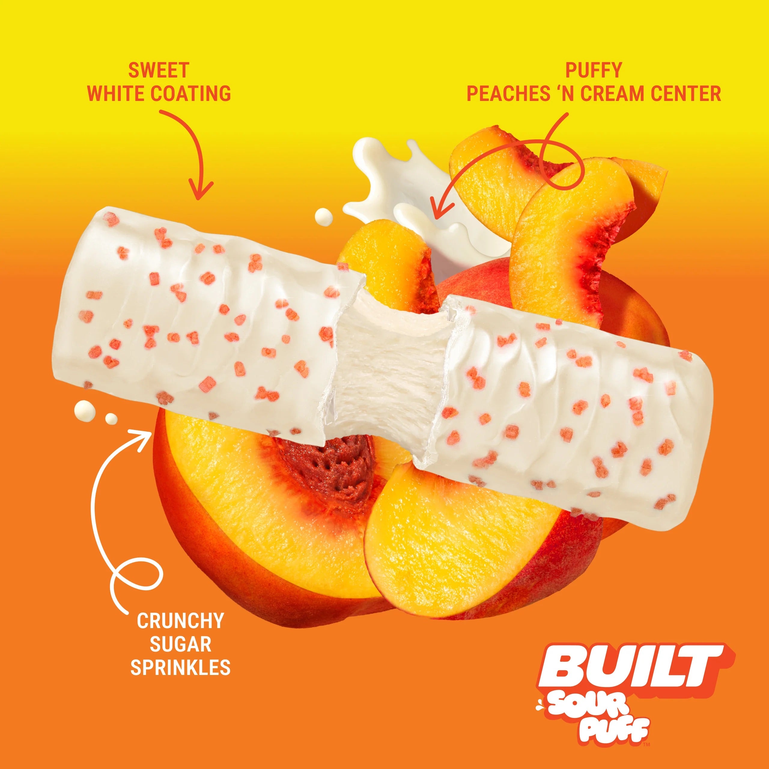 Illustration of a peach-flavored snack with text describing its components on a gradient background.